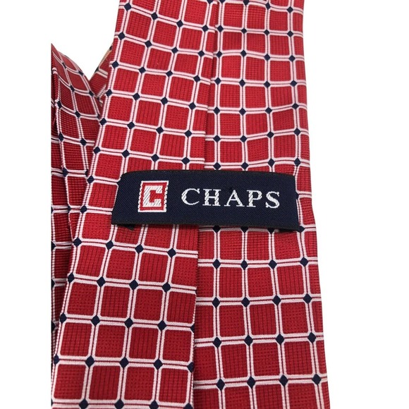 Ralph Lauren Chaps Necktie Tie Red Geometric Square Grid Pattern White Blue Silk - Picture 5 of 7